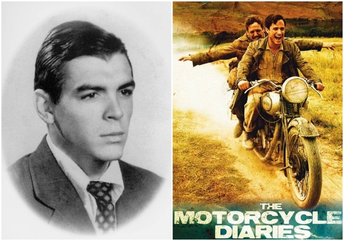 Слева направо: Молодой Че Гевара около 1950 года. \ Постер к фильму «Дневники мотоциклиста», 2004 год.