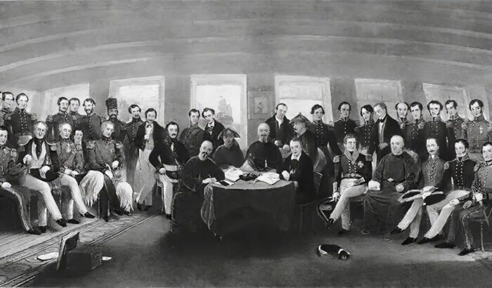 Подписание Нанкинского договора, 29 августа 1842 года, гравюра в честь капитана Джона Платта, 1846 год. \ Фото: zhuanlan.zhihu.com.