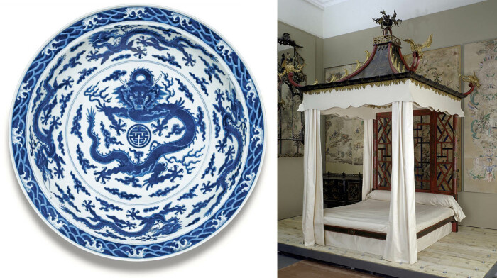 Слева направо: Прекрасное и редкое большое сине - белое блюдо Дракон периода Цяньлун. \ Кровать с китайскими обоями на заднем плане, Джон Линнелл, 1754 год. \ Фото: sothebys.com и vam.ac.uk.