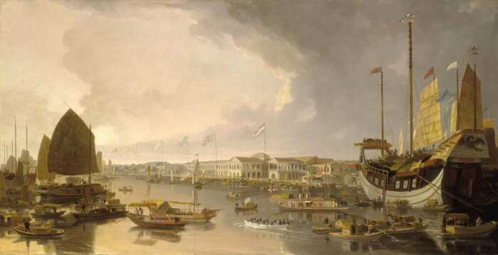 Вид на европейские фабрики в Кантоне, Уильям Даниэлл, около 1805 года. \ Фото: collections.rmg.co.uk.