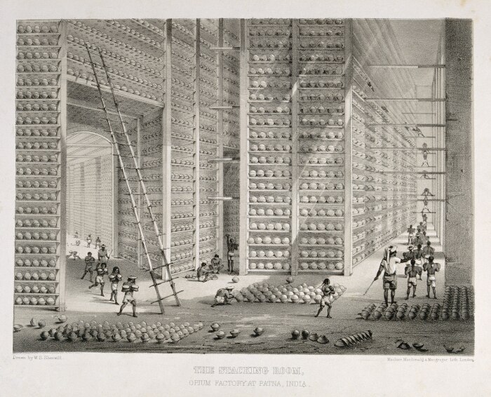 Складская комната на фабрике опия в Патне, Индия, литография У. С. Шервилла, около 1850 года. \ Фото: commons.wikimedia.org.