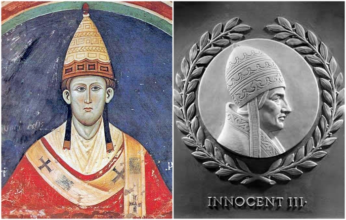 Слева направо: Папа Иннокентий III. \ Барельеф Иннокентия III, как одного из 23 великих законодателей прошлого.