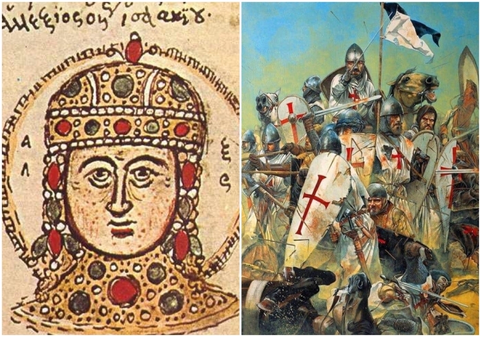 Слева направо: Алексей IV Ангел. \ Крестоносцы, принимающие участие в четвёртом крестовом походе. 