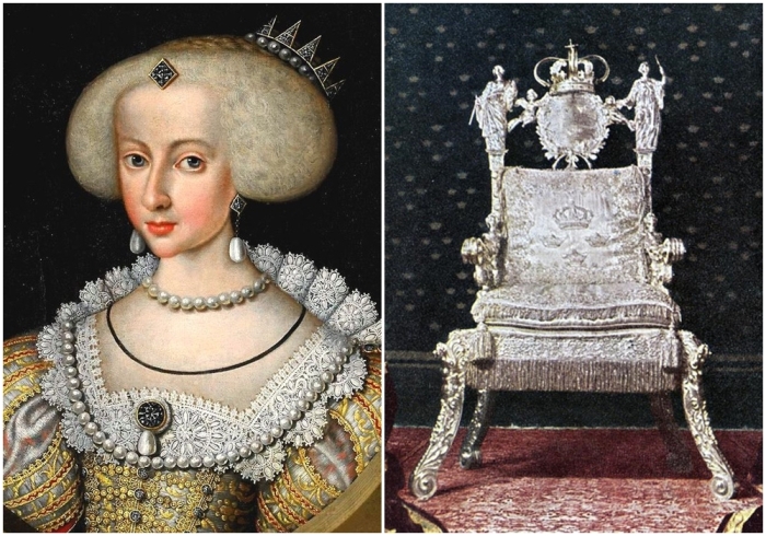 Слева направо: Портрет Кристины в молодости. \ Трон королевы Кристины.