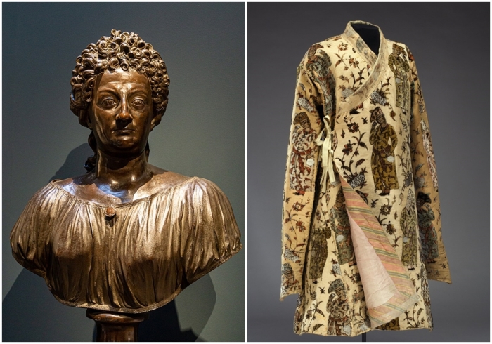 Слева направо: бюст королевы Кристины. \ Персидское пальто, принадлежавшее Кристине, вероятно, сотканное при правительстве шаха Аббаса II (1586–1628 годы).