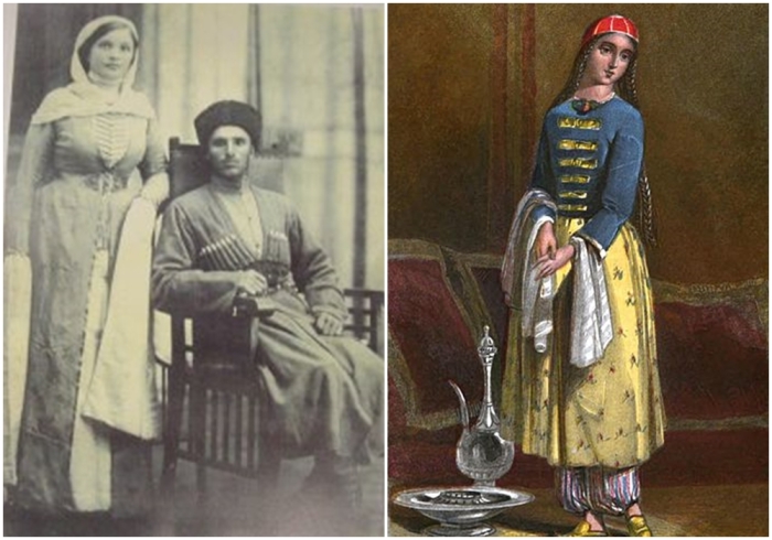 Слева направо: Жена и муж (черкесы), неизвестный автор, 1865 год. \ Черкесская леди, Эдмунд Спенсер, 1855 год.
