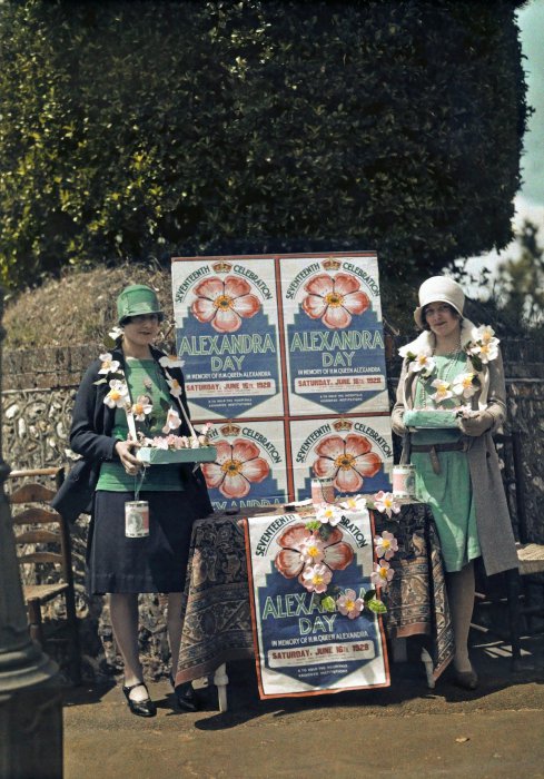 Девушки, продающие бумажные цветы в рамках благотворительной акции в День Александры, Сифорд, Восточный Сассекс.