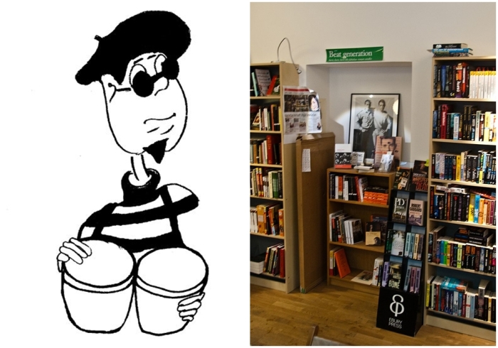 Слева направо: Стереотипизированный карикатурный образ битника: тёмные очки, бонго, полосатый свитер с горлом, борода, берет. \ Секция в книжном магазине Стокгольма, посвящённая бит-авторам.