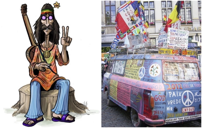 Слева направо: Рисунок с изображением хиппи. \ Типичный фургон хиппи.