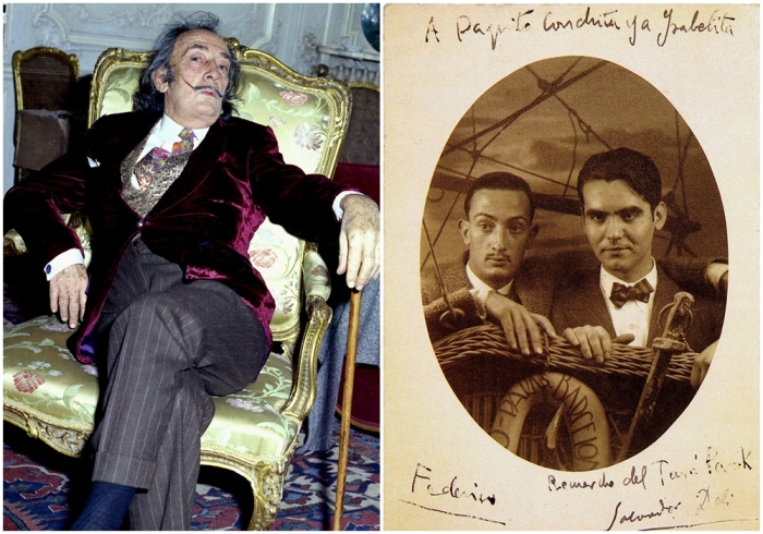 Слева направо: Сальвадор Дали в 1972 году. \ Сальвадор Дали, Федерико Гарсиа Лорка, Барселона, 1925 год.
