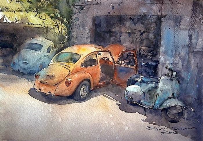 Старые автомобили. Акварельная живопись. Таиландский художник Дирек Кингнок (Direk Kingnok).