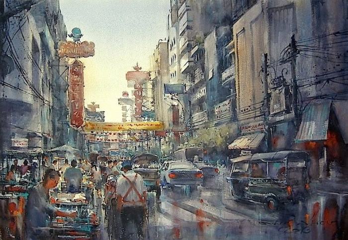 Ханой, Вьетнам. Акварельная живопись. Таиландский художник Дирек Кингнок (Direk Kingnok).