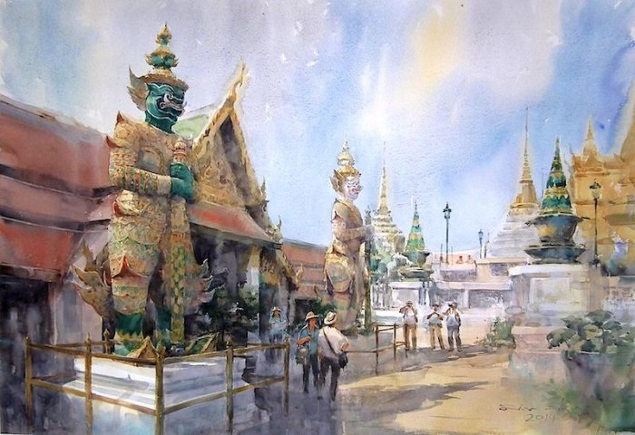 Ват Пхракэу, Бангкок. Акварельная живопись. Таиландский художник Дирек Кингнок (Direk Kingnok).