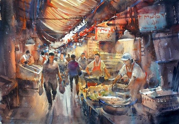 Городской рынок. Акварельная живопись. Таиландский художник Дирек Кингнок (Direk Kingnok).