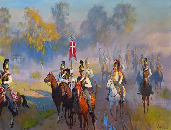 Утро Бородинской битвы. Выезд Кавалергардского полка на позицию. Автор: Дмитрий Белюкин.