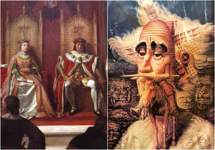 Слева направо: Фердинанд II и Изабелла I, 1500 год. \ Видения Дон Кихота, Октавио Окампо, 1989 год.
