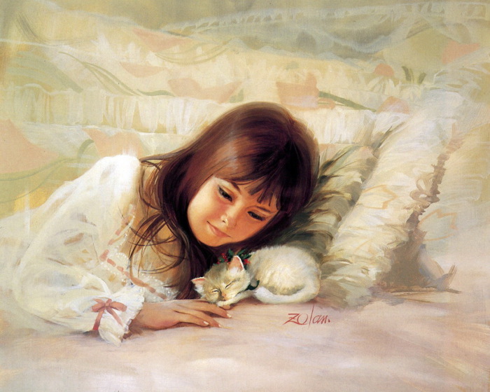 Девочка и котёнок. Автор: Donald Zolan.
