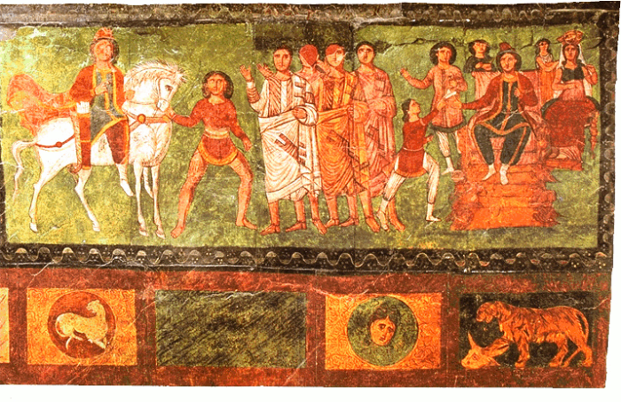 Часть фрески в синагоге Дура-Европос, иллюстрирующая сцену из Книги Есфирь. \ Фото: blogspot.com.