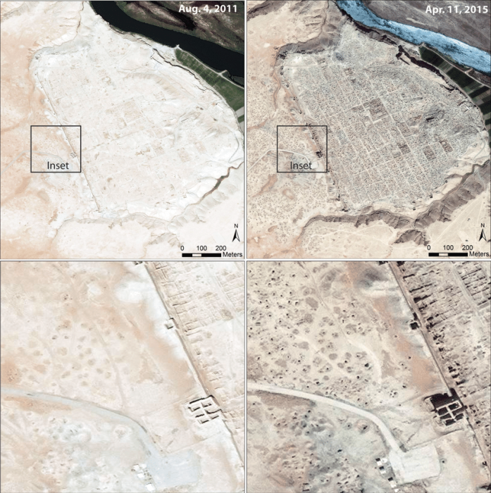 Снимок со спутника, показывающий разрушения Дура Европос в 2011-2015 годах. \ Фото: researchgate.net.