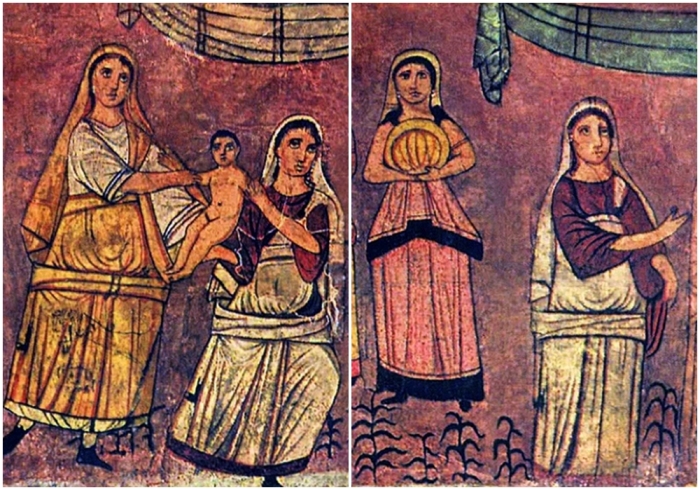 Фреска из синагоги в Дура-Европосе, изображающая библейский сюжет с младенцем Моисеем.