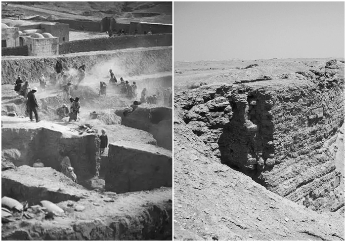 Слева направо: Сезон раскопок в Дура Европос, 1932-1933 годы. \ Вид на южные вади и часть стен города Дура-Европос.