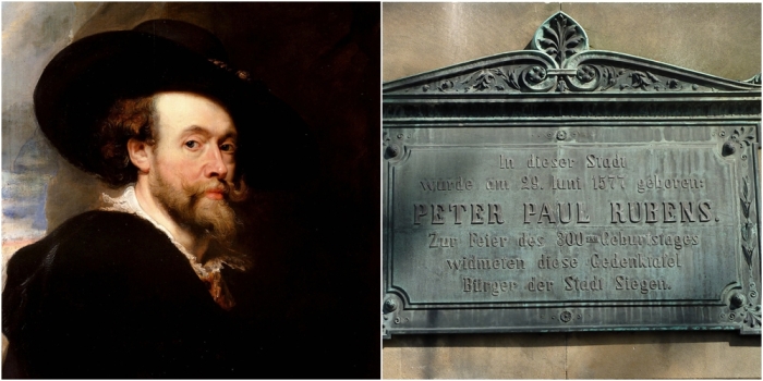 Слева направо: Питер Пауль Рубенс (Автопортрет 1623 года).  Мемориальная доска в Зигене на стене дома, где родился Питер Пауль Рубенс.