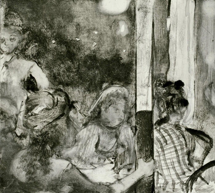 Женщины на террасе кафе вечером, монотипия тёмного поля на тканой бумаге, Эдгар Дега, 1876 год. \ Фото: pinterest.com.
