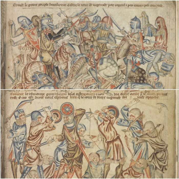 Битва при Бэннокберне, Холкхемская Библия, XIV век, Британская библиотека. \ Фото: wordpress.com.