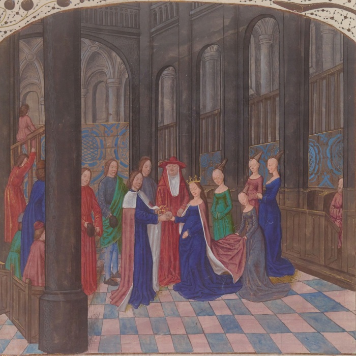 Бракосочетание между Эдуардом IV и Елизаветой Вудвилл, миниатюра из «Староанглийских хроник», Жан де Ваврен, 1470-1480 гг. \ shows.acast.com.