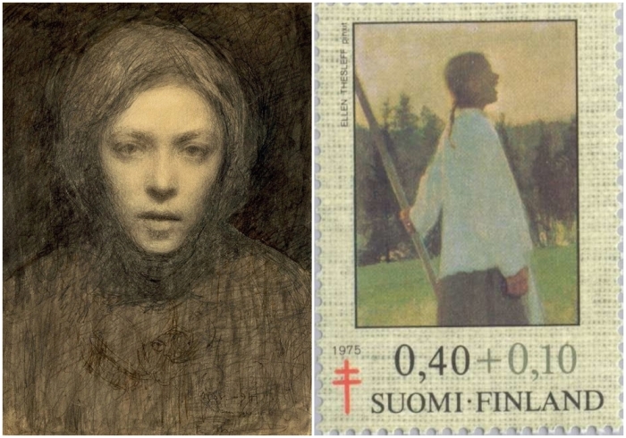 Слева направо: Автопортрет Эллен Теслефф, 1894-1895 годы. \ Картина «Эхо» на почтовой марке Финляндии, 1975 год.