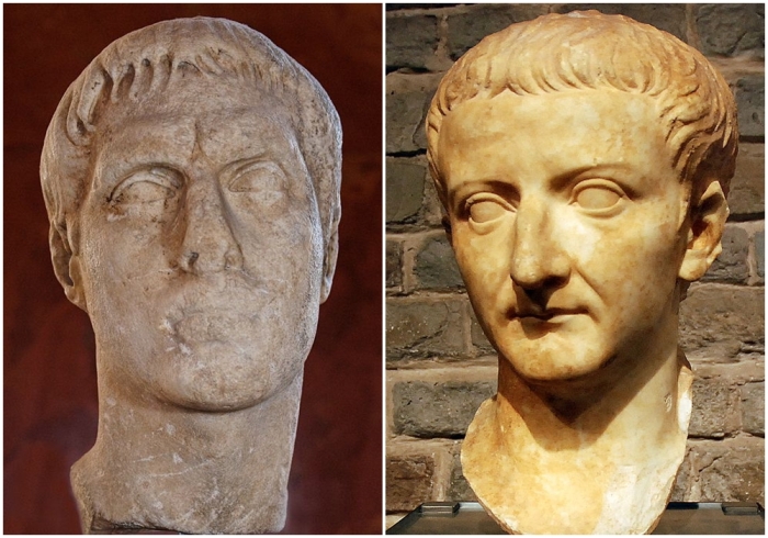 Слева направо: Бюст Марка Клавдия Марцелла из Лувра, Париж. \ Бюст Тиберия из Римско-германского музея, Кёльн.