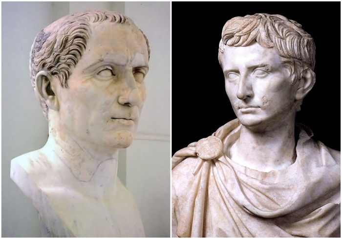 Слева направо: Бюст Цезаря из Национального археологического музея в Неаполе. Начало II века н. э. \ Портрет Октавиана, 35-29 годы до н.э.