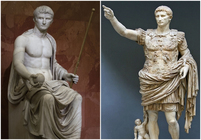 Слева направо: Октавиан Август в образе Юпитера, 1-я пол. I в. н. э.. \ Статуя Августа из Прима Порта. I в. н. э.