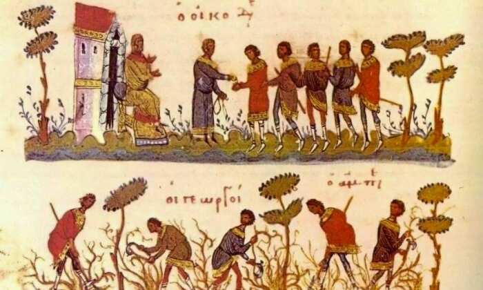 Византийские сельскохозяйственные рабочие получают зарплату (вверху), византийские фермеры обрабатывают землю (внизу). \ Фото: newsbomb.gr.