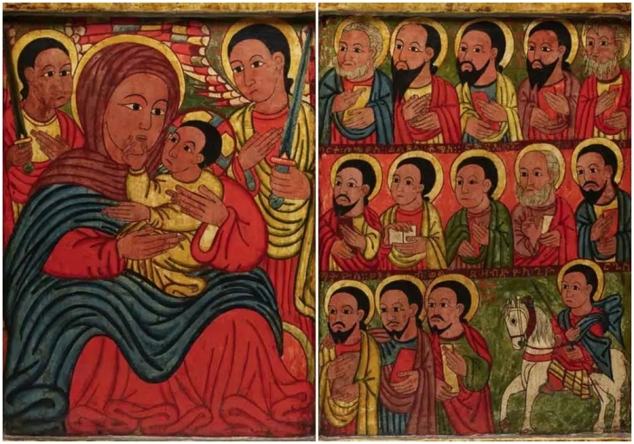 Диптих с Марией и ее сыном в окружении Архангелов, апостолов и Святого, конец 15 века.