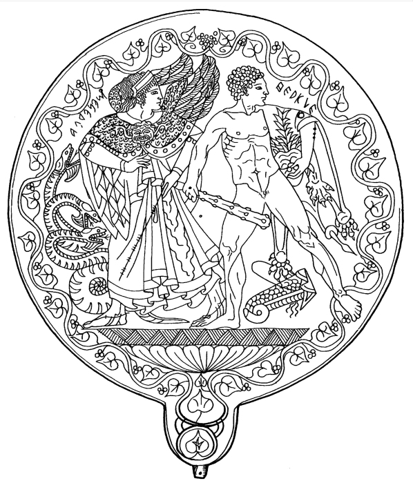 Линейный рисунок бронзового зеркала с выгравированным изображением богини Менрвы и Геракла. \ Фото: wikimedia.org.