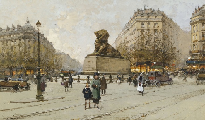 Площадь Данфер-Рошро с Бельфорским львом. Автор: Eugene Galien-Laloue.