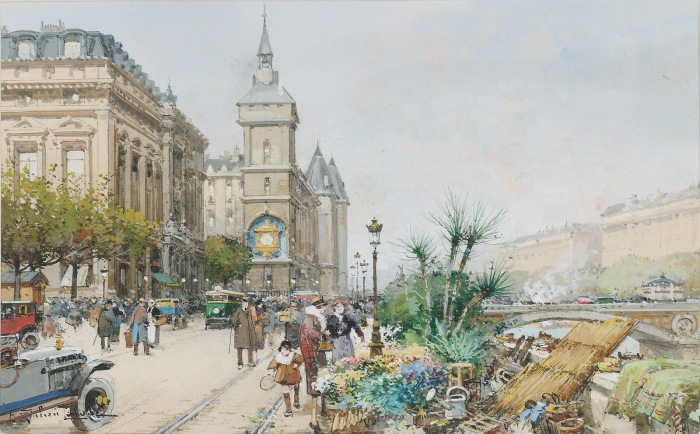 Цветочный рынок на набережной Сены. Автор: Eugene Galien-Laloue.