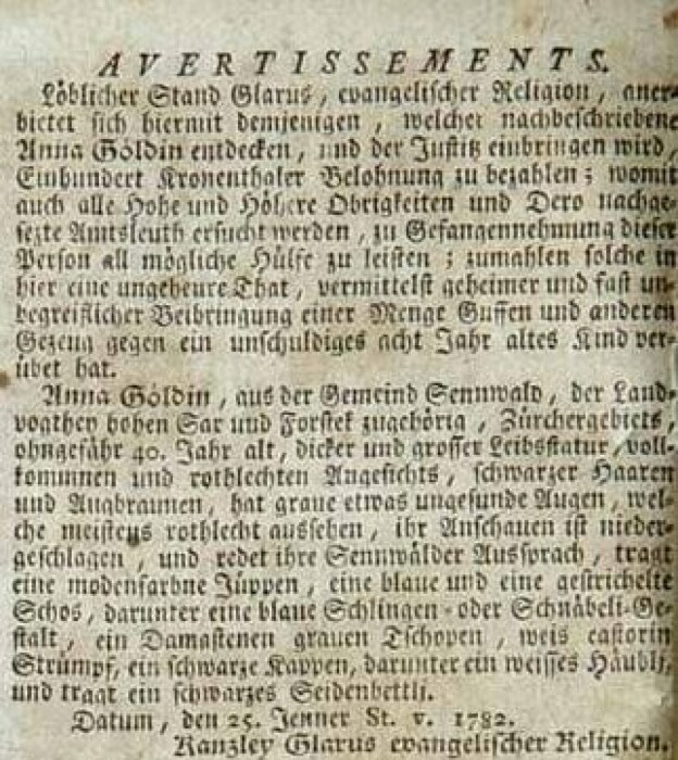 Текст объявления о поимке Анны Гёльди в «Нойе Цюрхер Цайтунг» от 9 февраля 1782 года. \ Фото: google.com.