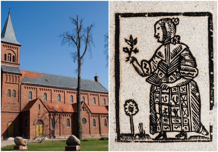 Слева направо: Церковь в Дорухуве. \ Ведьма, держащая растение в одной руке и веер в другой, около 1700 года.