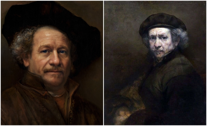 Слева: Фотореалистичный портрет Рембрандта. \ Справа: Автопортрет Рембрандта. \ Фото: boredpanda.com и paintingplanet.ru.