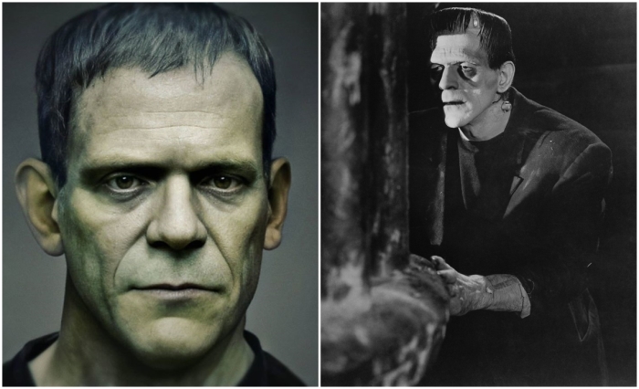 Слева: Фотореалистичный портрет Франкенштейна. \ Справа: кадр из фильма Франкенштейн. \ Фото: google.com.ua.