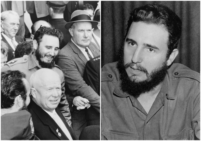 Слева направо: Фидель Кастро (слева в центре) и Никита Хрущев (справа в центре) улыбаются на улице Гарлема, Нью-Йорк, 1960 год. \ Кубинский политический лидер.