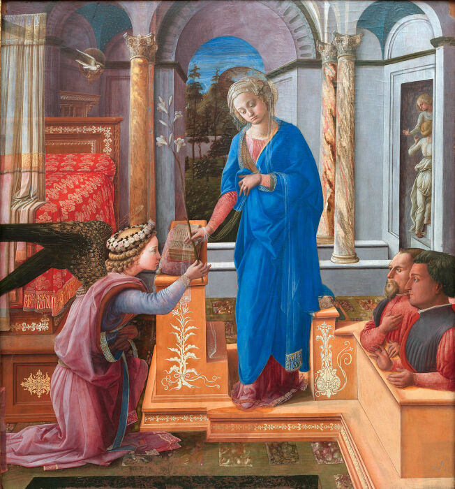 Благовещение с двумя коленопреклоненными жертвователями, Филиппо Липпи, 1435 год. \ Фото: en.wikipedia.org.
