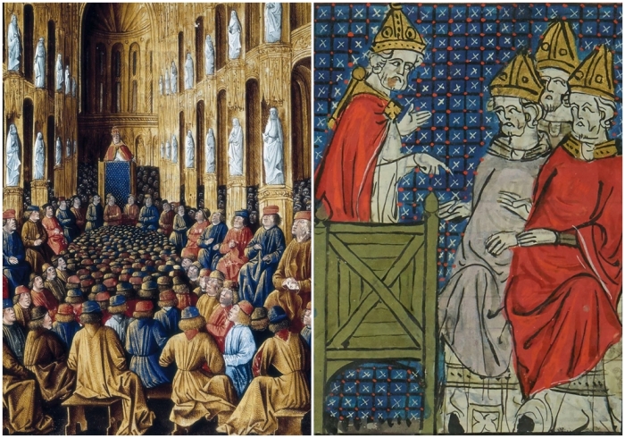 Слева направо: Папа Урбан II на соборе в Клермоне, около 1474 года.\ Урбан в Клермоне (миниатюра XIV века).