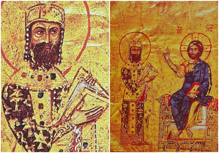 Слева направо: Византийский император Алексей I Комнин. \ Император Алексей I Комнин перед Христом (Миниатюра, XIII-XIV век, библиотека Афинского колледжа).