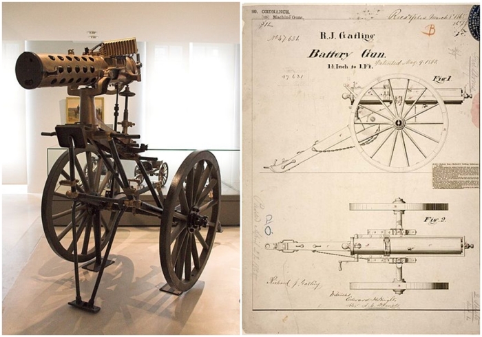 Слева направо: Картечница Гатлинга, 1895 год. \ Из патентного описания Р. Дж. Гатлинга Батарейное орудие, 9 мая 1865 года.
