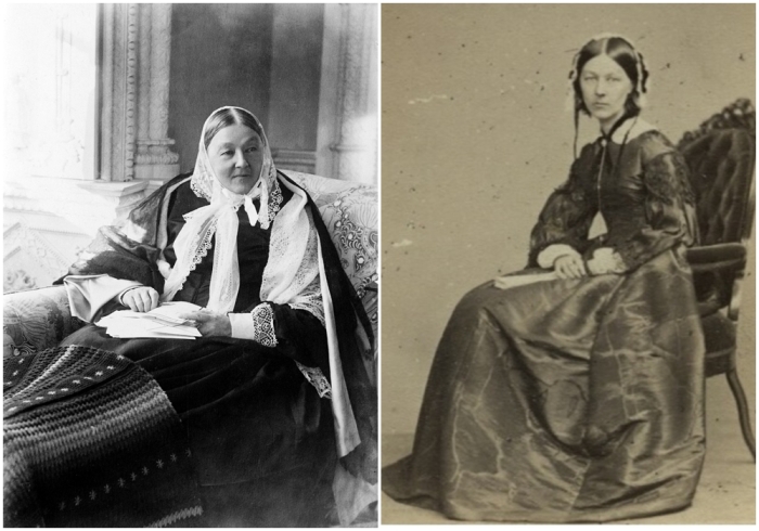 Слева направо: Фотография Флоренс Найтингейл. \ Флоренс Найтингейл, 1854 год.