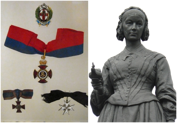 Слева направо: Медали Флоренс Найтингейл. \ Памятник Флоренс Найтингейл.