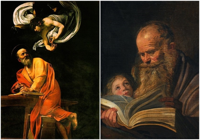 Слева направо: «Святой Матфей и ангел», Караваджо. \ Святой Матфей, Франс Халс, 1625 год.